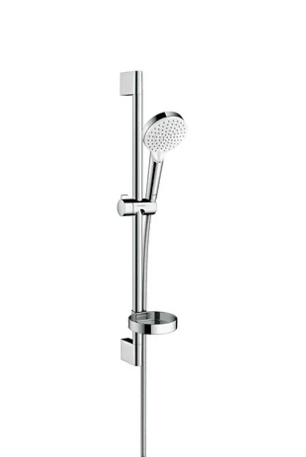 Brauseset von Hansgrohe mit einer verstellbaren Brausestange, einer Handbrause und einer Seifenschale in Weiß und Chrom.